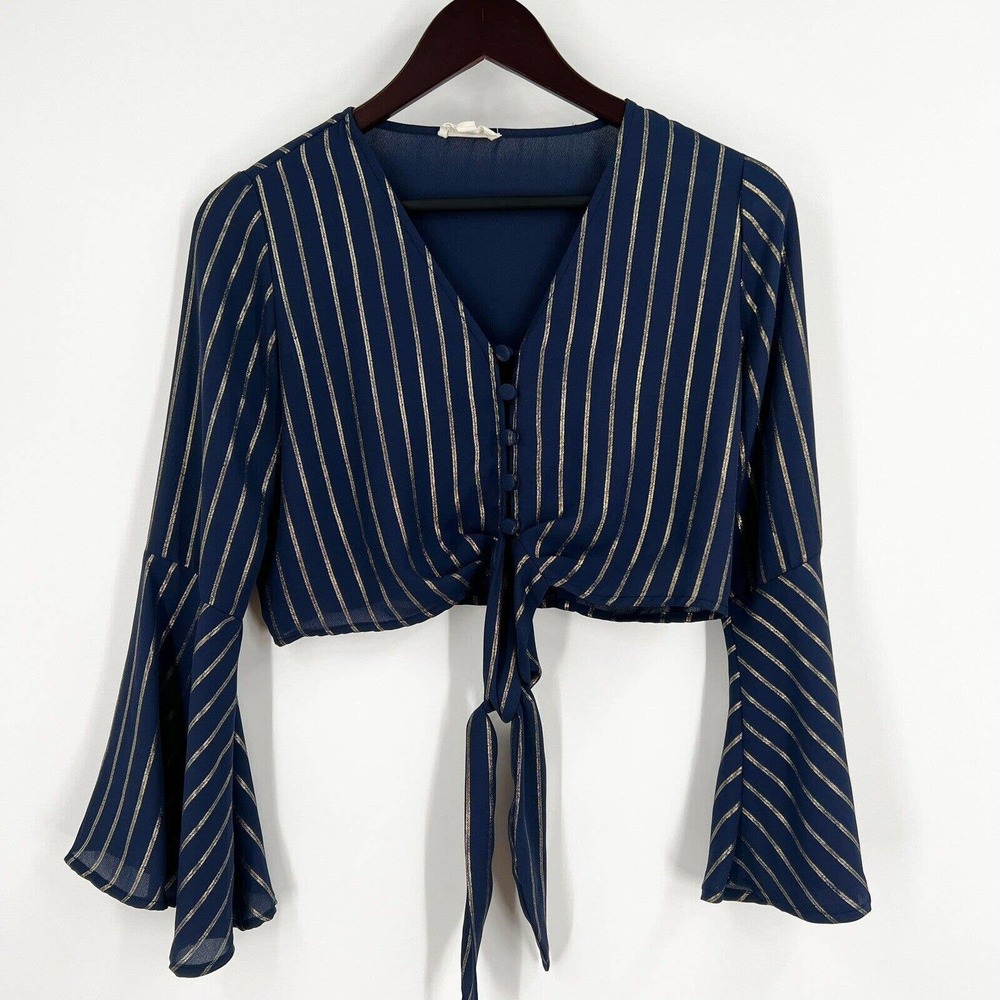 Chocolate USA Womens Crop Top Navy Gold Blouse Small Spice Girls Club Tie V Neck
